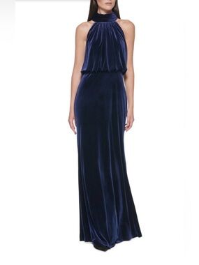 Eliza J Navy Velvet High-Neck Maxi Gown